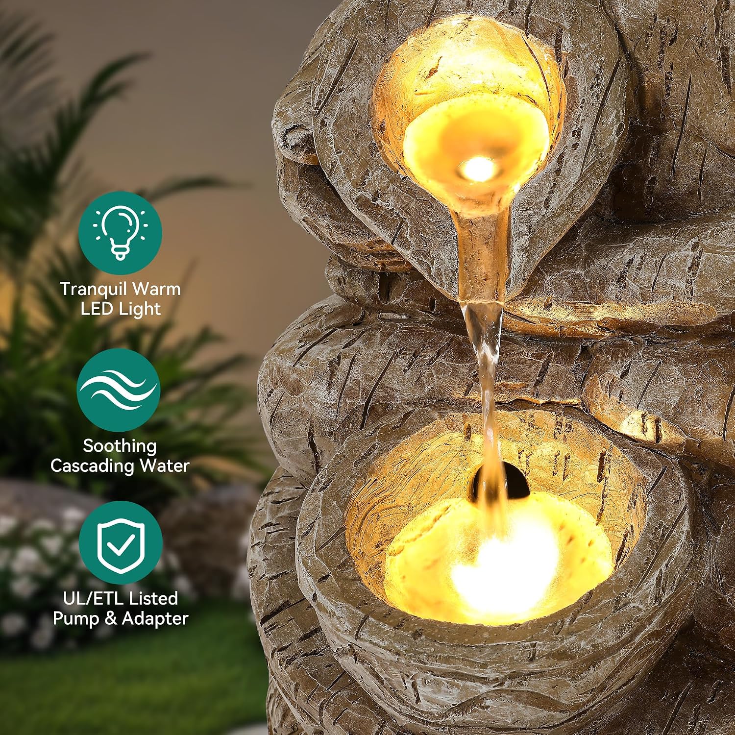 23' Tiki Outdoor Water Fountain, 2-Tier Water Feature with LED Lights, Soothing Cascading Waterfall for Tranquile, Relaxing, Meditative Patio, Backyard, Garden or Porch