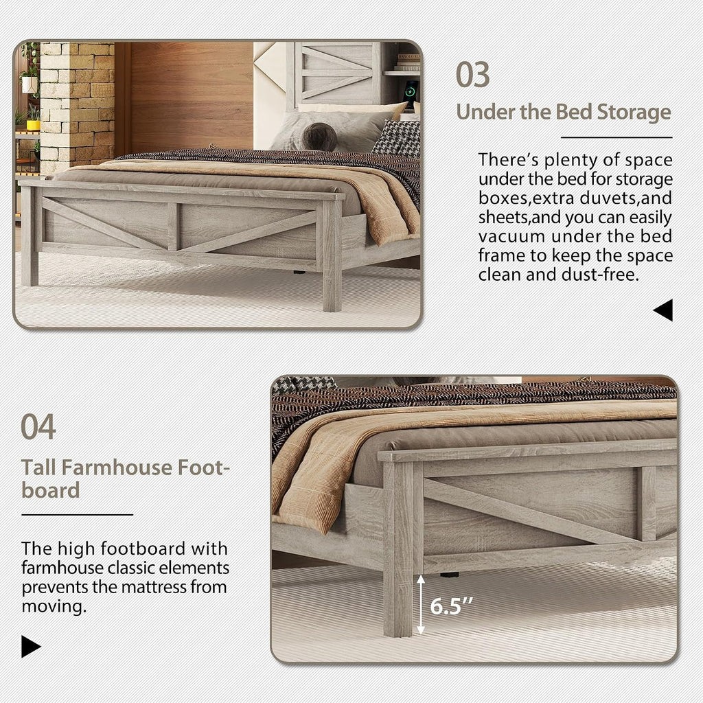 Farmhouse Bedroom Set 3 Pieces, Queen Size Wood Platform Bed Frame, Nightstand and Dressing Table, Queen Bedframe with Double Sliding Door Headboard and Charging Station (Antique Gray, Queen)