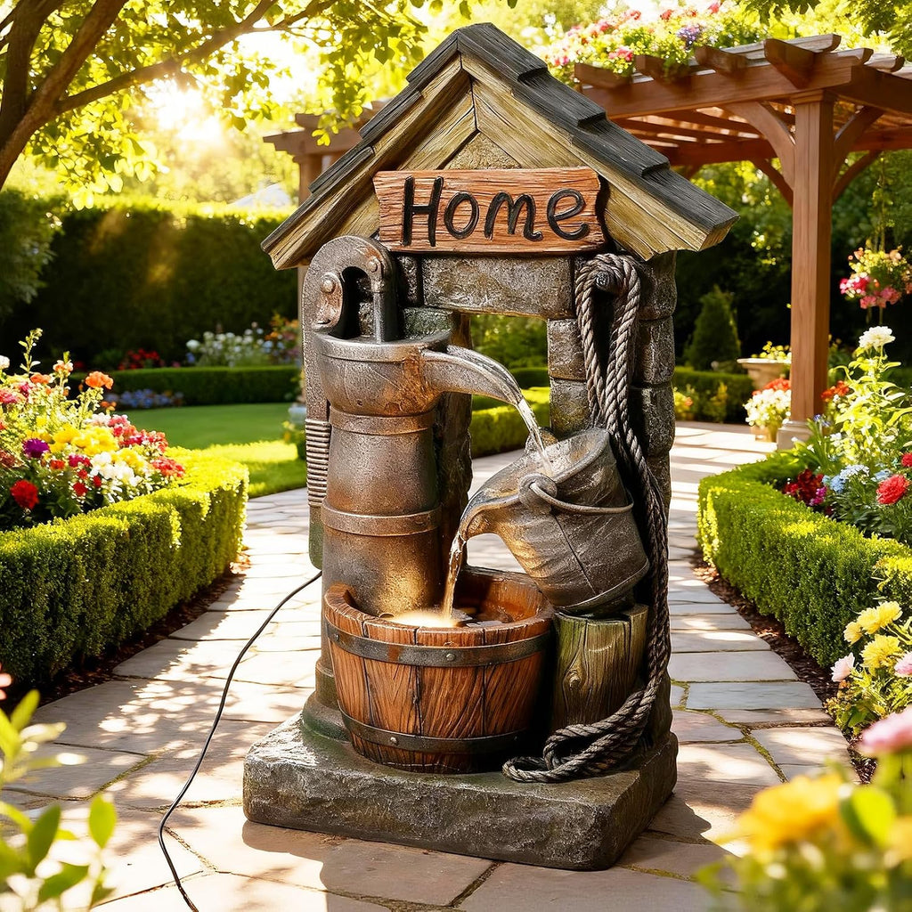 Vintage Country Style Wall-Mounted and Freestanding Outdoor Fountain, 28.7 H Resin Garden Water Feature with Water Well and Wine Barrel for Gardens, Landscaping, Patios, Balconies, Lawns