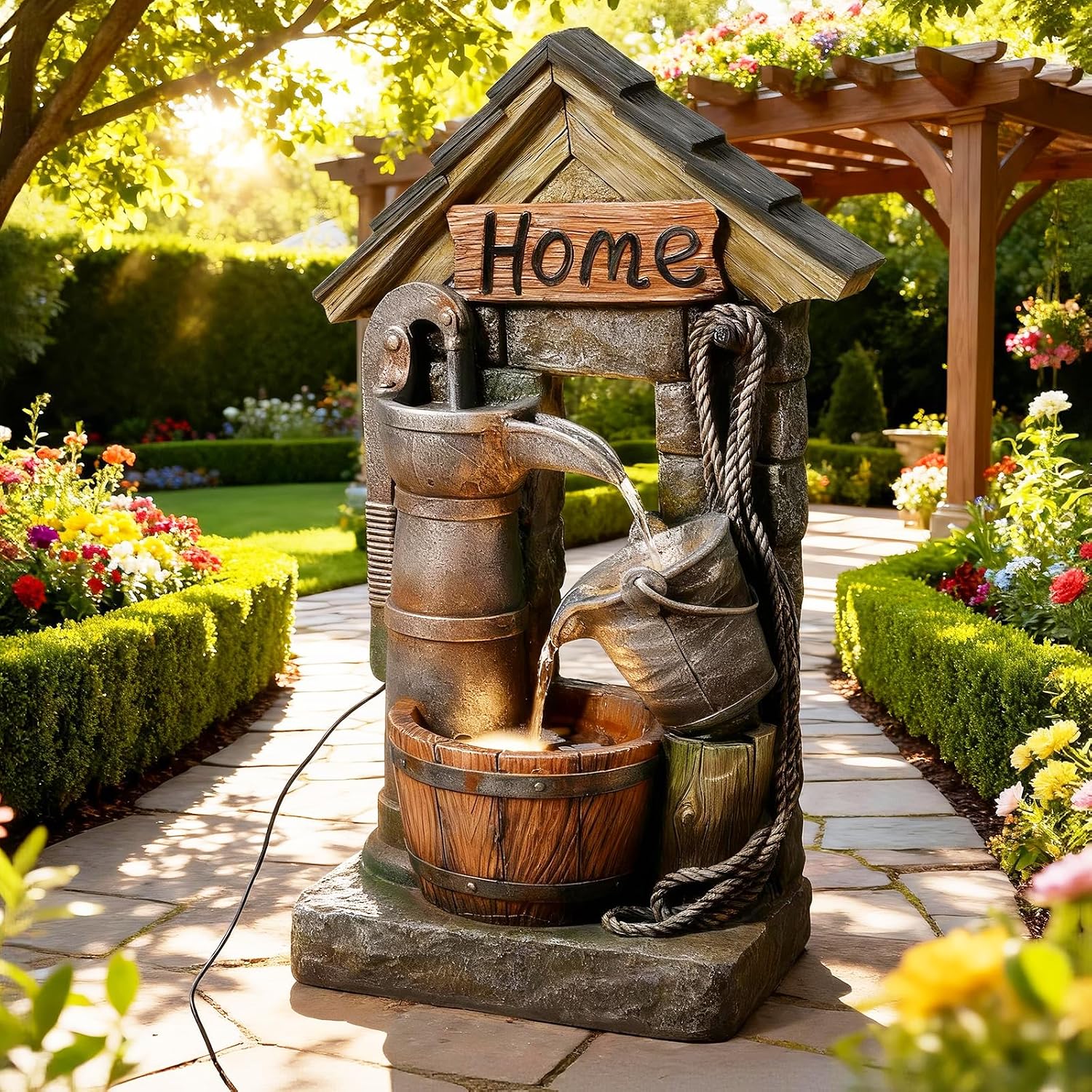 Vintage Country Style Wall-Mounted and Freestanding Outdoor Fountain, 28.7 H Resin Garden Water Feature with Water Well and Wine Barrel for Gardens, Landscaping, Patios, Balconies, Lawns