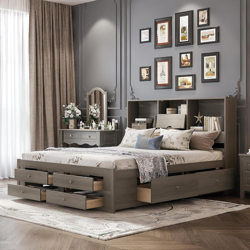 VilroCaz Wood King Size Platform Bed with Storage Headboard, Modern Platform Bed Captain's Bed Frame with 8 Drawers, Sturdy Slats Support, Maximize Space (Grey-M3, King)