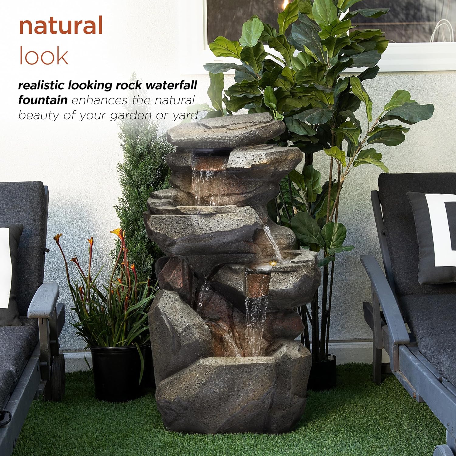 Alpine Corporation 40' Tall Outdoor Multitiered Rock Waterfall Floor Fountain with LED Lights, Natural Stone Look, Cascading Water Feature for Gardens, Patios, and Yards, Gray
