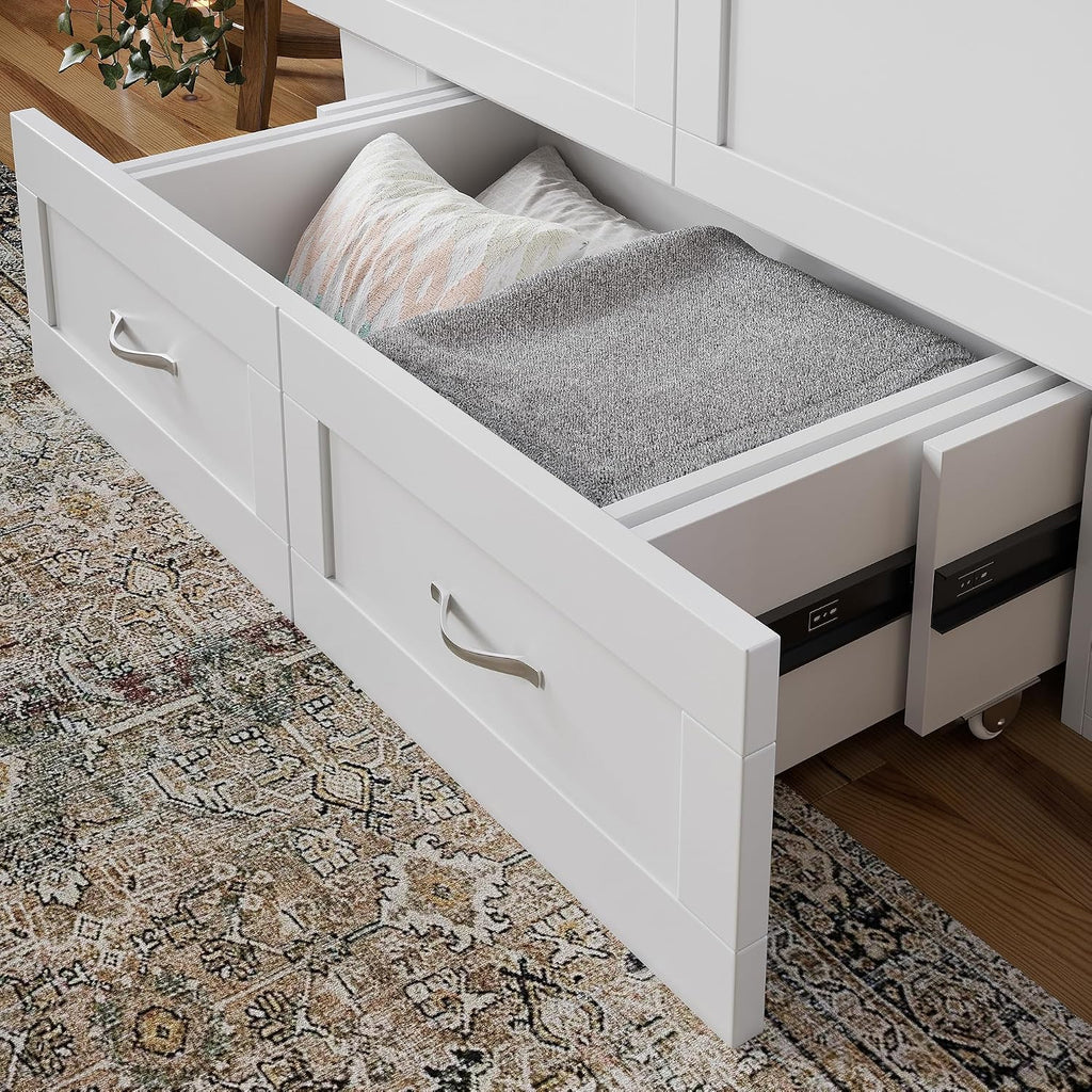 AFI, Monroe Full Murphy Bed Chest with 6' Mattress, Storage Drawer & Built-in USB Charger, White