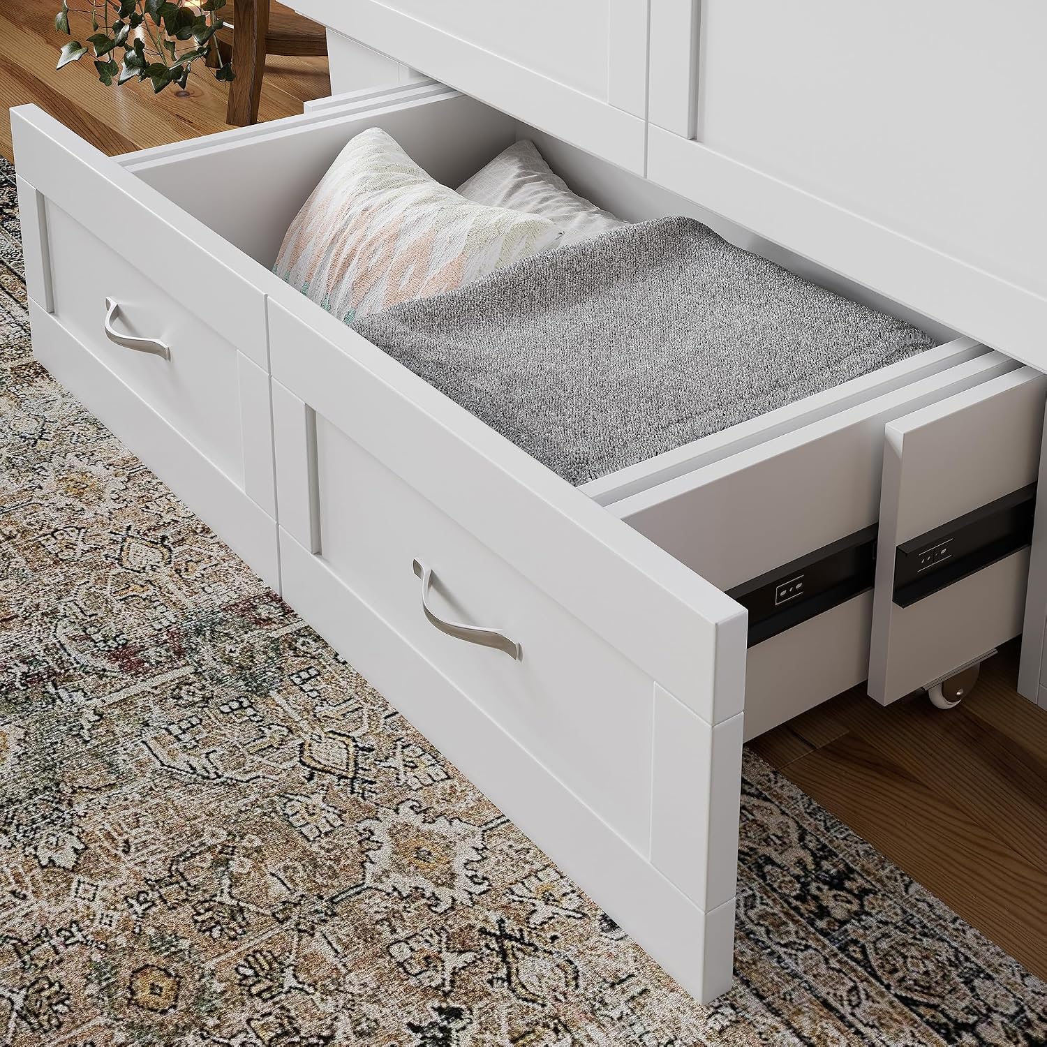 AFI, Monroe Full Murphy Bed Chest with 6' Mattress, Storage Drawer & Built-in USB Charger, White