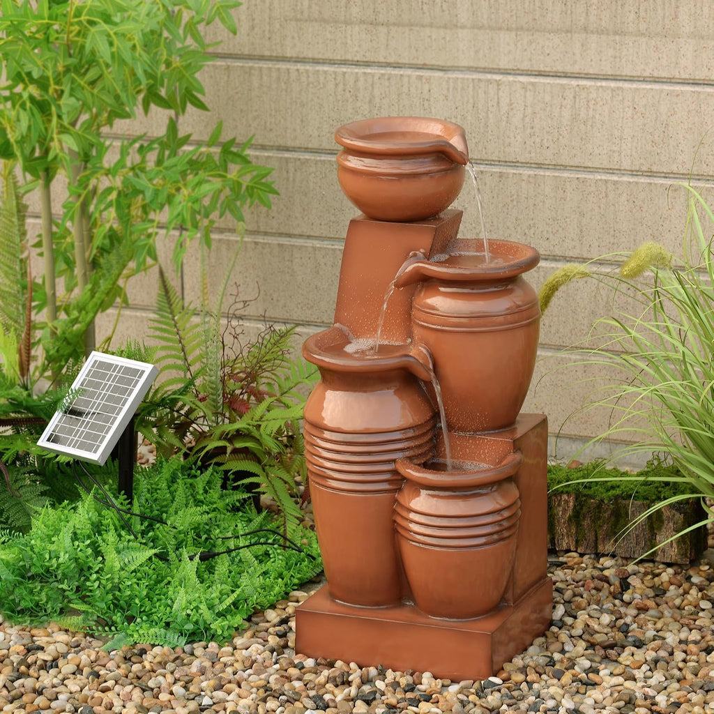 Teamson Home 28.7' 4-Tier Cascading Bowl Solar Powered Water Fountain for Outdoor Living Spaces, Terracotta