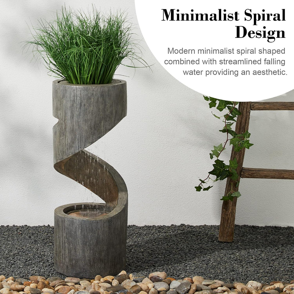 Glitzhome Outdoor Water Fountain with LED Light, Spiral Outdoor Fountain Waterfall with Stone Planter, Modern Curved Freestanding Fountain Water Feature for Garden Patio Backyard, 31.3' H