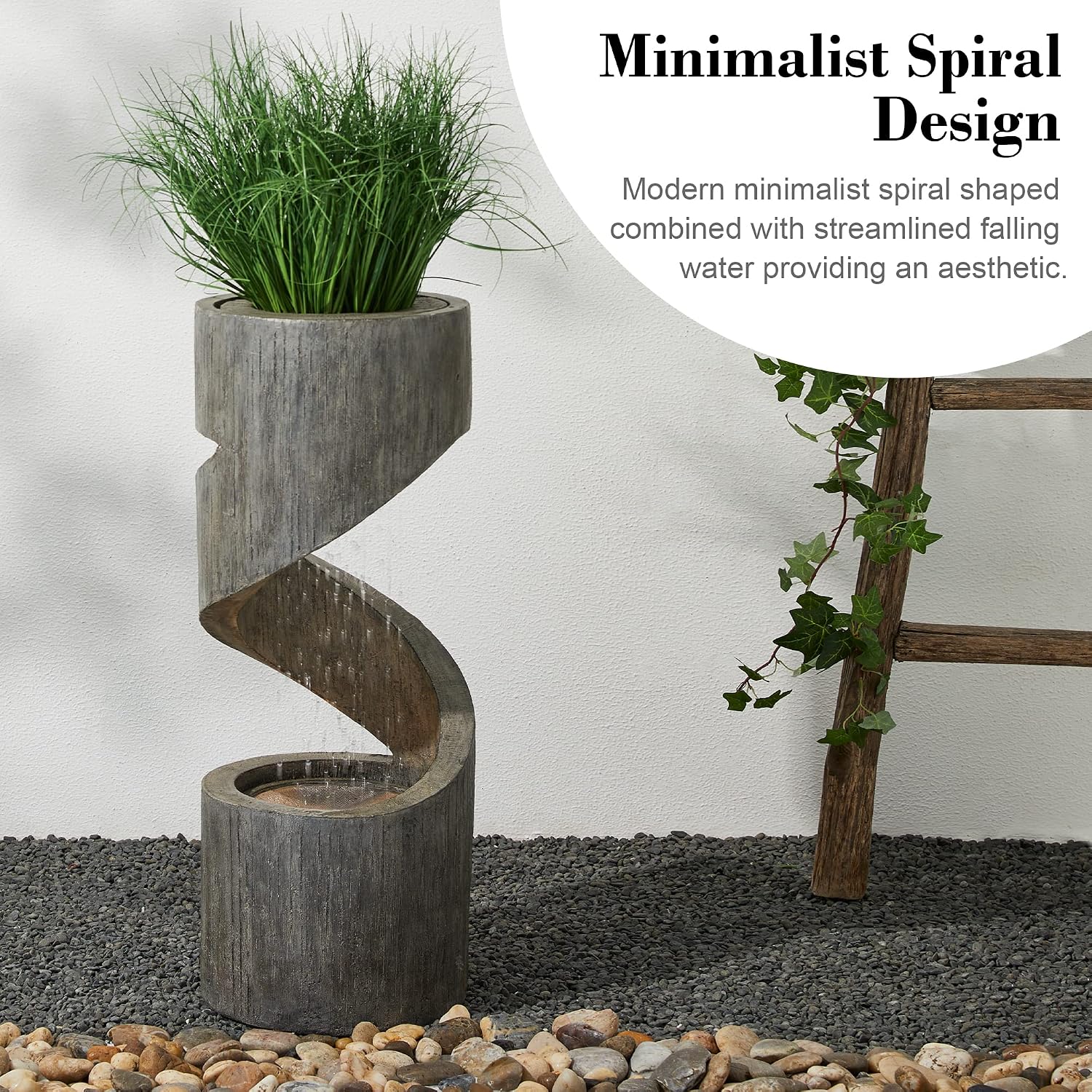 Glitzhome Outdoor Water Fountain with LED Light, Spiral Outdoor Fountain Waterfall with Stone Planter, Modern Curved Freestanding Fountain Water Feature for Garden Patio Backyard, 31.3' H