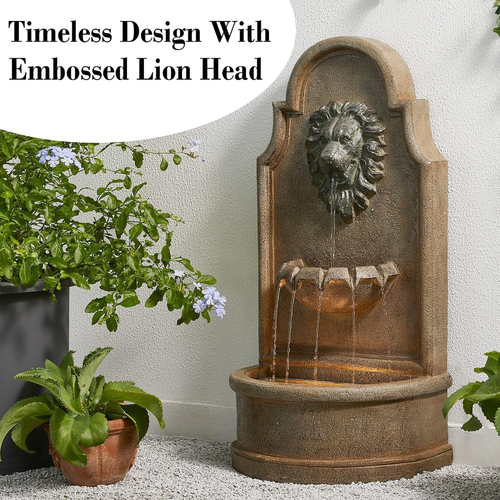 Glitzhome 3-Tier Outdoor Water Fountain with LED Light, Oversized Vintage European Style Lion Head Waterfall Fountains, Rustic Faux Granite Fountain for Garden Patio Deck Porch, 31.75'H