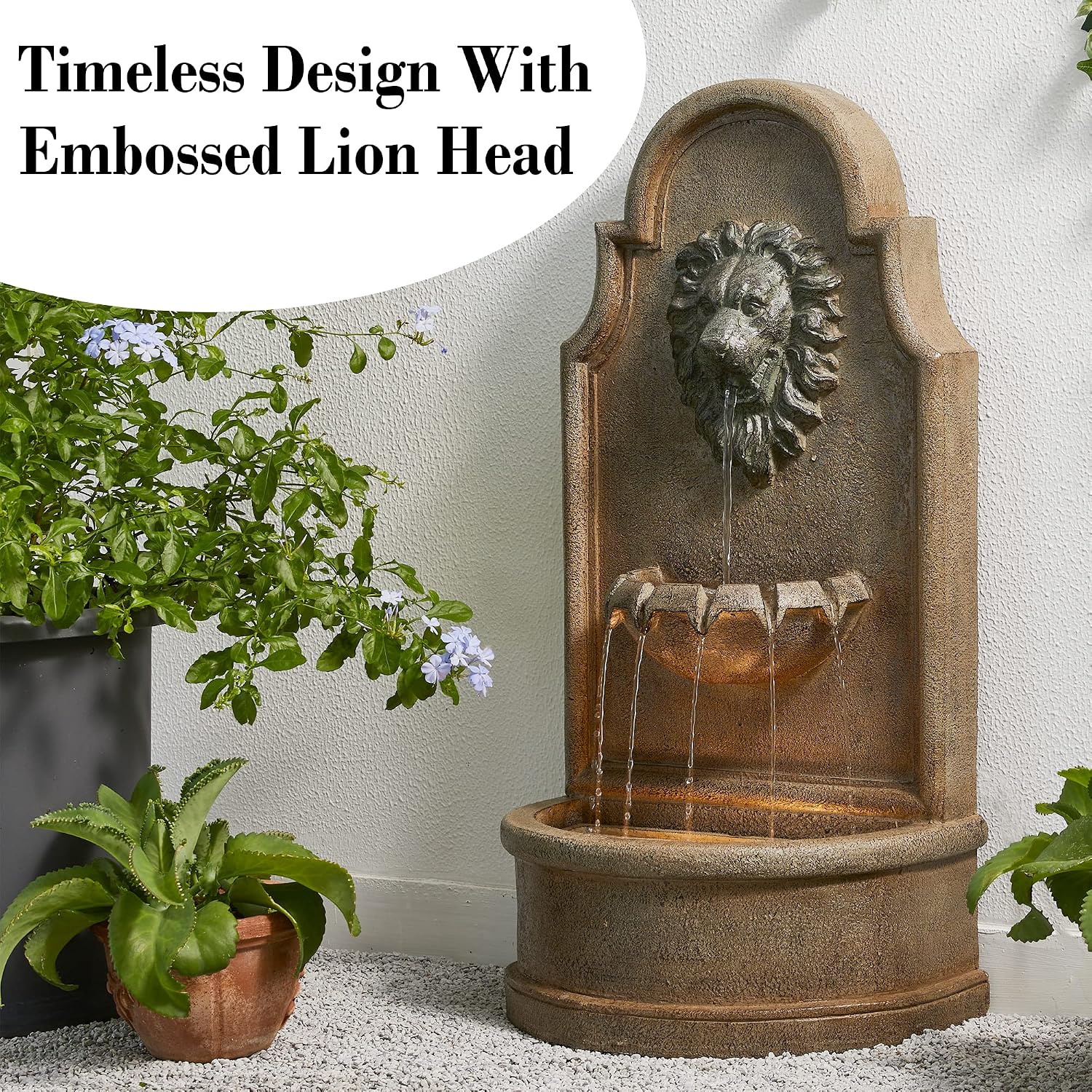 Glitzhome 3-Tier Outdoor Water Fountain with LED Light, Oversized Vintage European Style Lion Head Waterfall Fountains, Rustic Faux Granite Fountain for Garden Patio Deck Porch, 31.75'H