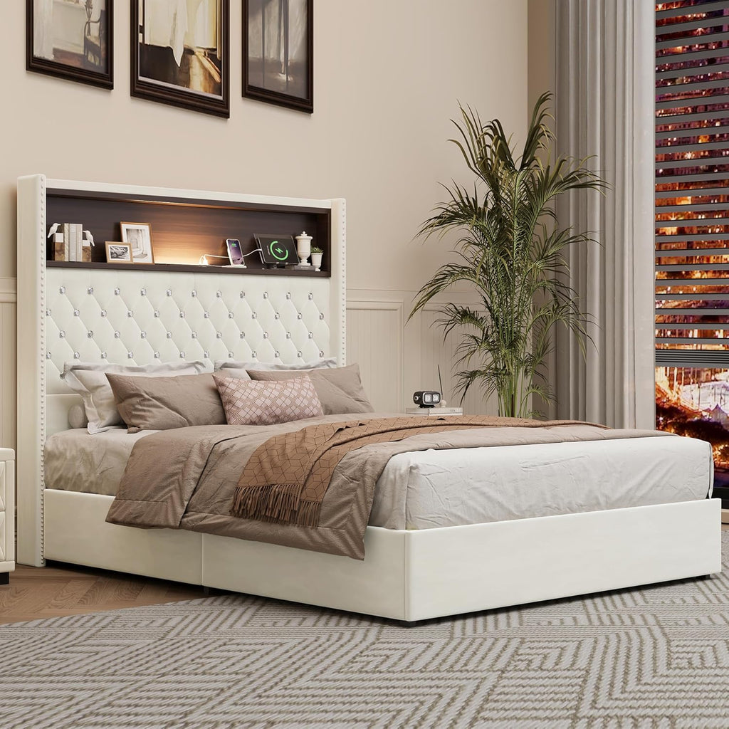 JIVOIT Full Size Bed Frame with Storage, Velvet Tufted Soft Bed Frame with 52'' High Headboard with Rivet Decoration, Wing-Back Platform Bed with Headboard Shelf, No Box Spring Needed (Beige,Full,42)