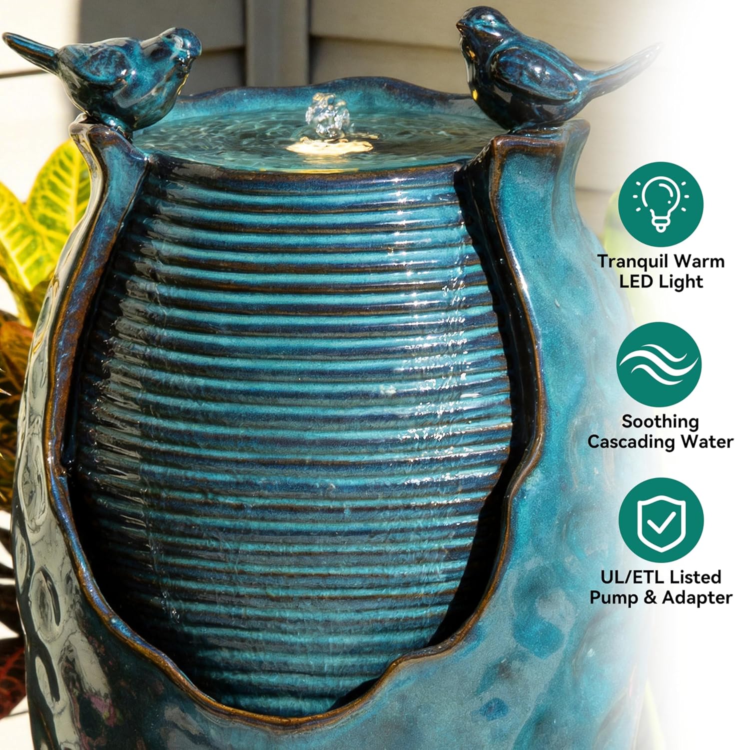 24.8' H Ceramic Jar Outdoor Water Fountain with LED Lights & Bird Accents, Elegant Turquoise Glaze with Bubble-Like Texture, Decorative Garden Water Feature