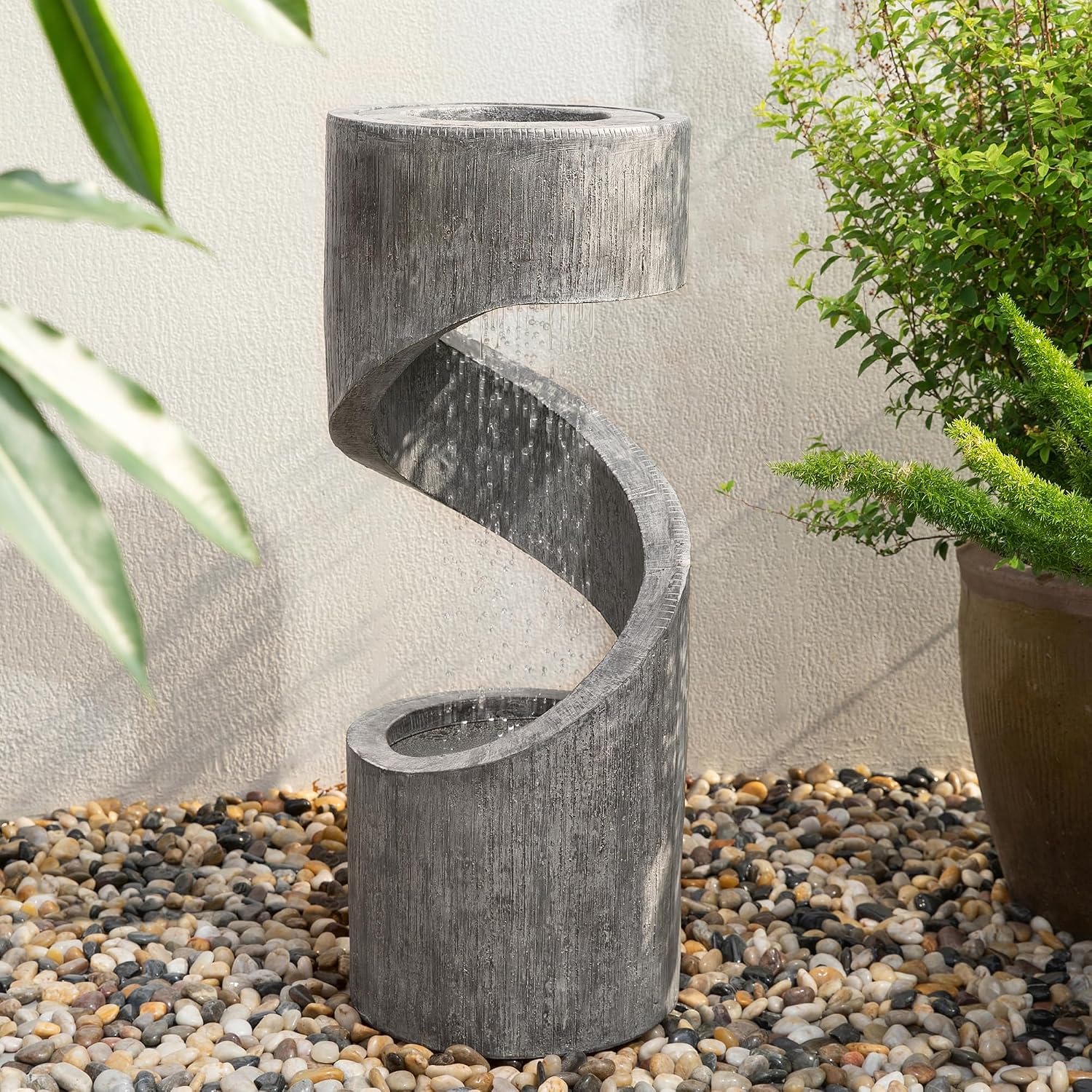 Glitzhome Outdoor Fountain with LED Light, Spiral Water Fountain Outdoor with Stone Planter, Modern Curved Waterfall Fountains Water Feature for Garden Patio, 31.3'H
