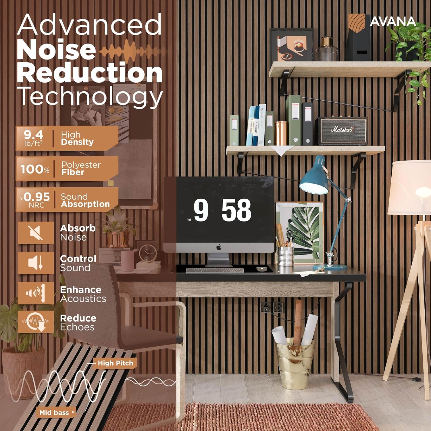 Avana Acoustic Wood Wall Panels – 93.2x11.25 Inch Panels – Fits 94x12 Layout – Smoke Walnut Acoustic Panels 4 PCs – Wall Panels for Interior Wall Decor for Homes, Offices – Wood Panels for Wall