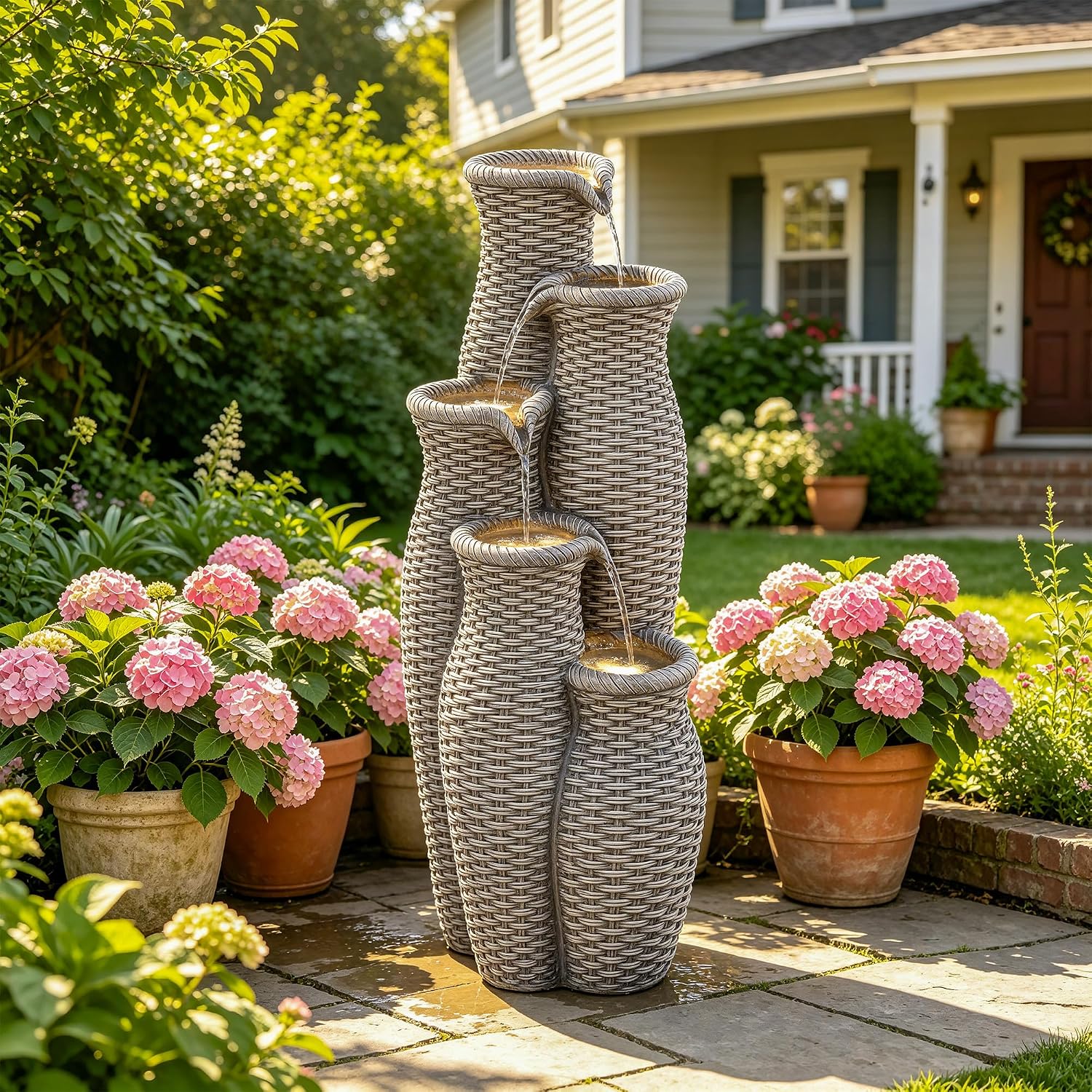 Outdoor Water Fountain with Lights, 5-Tier Faux Rattan Vase Waterfall, Textured Gray Polyresin Cascading Waterfall Feature with Soothing White Noise for Garden, Patio, Yard, or Porch