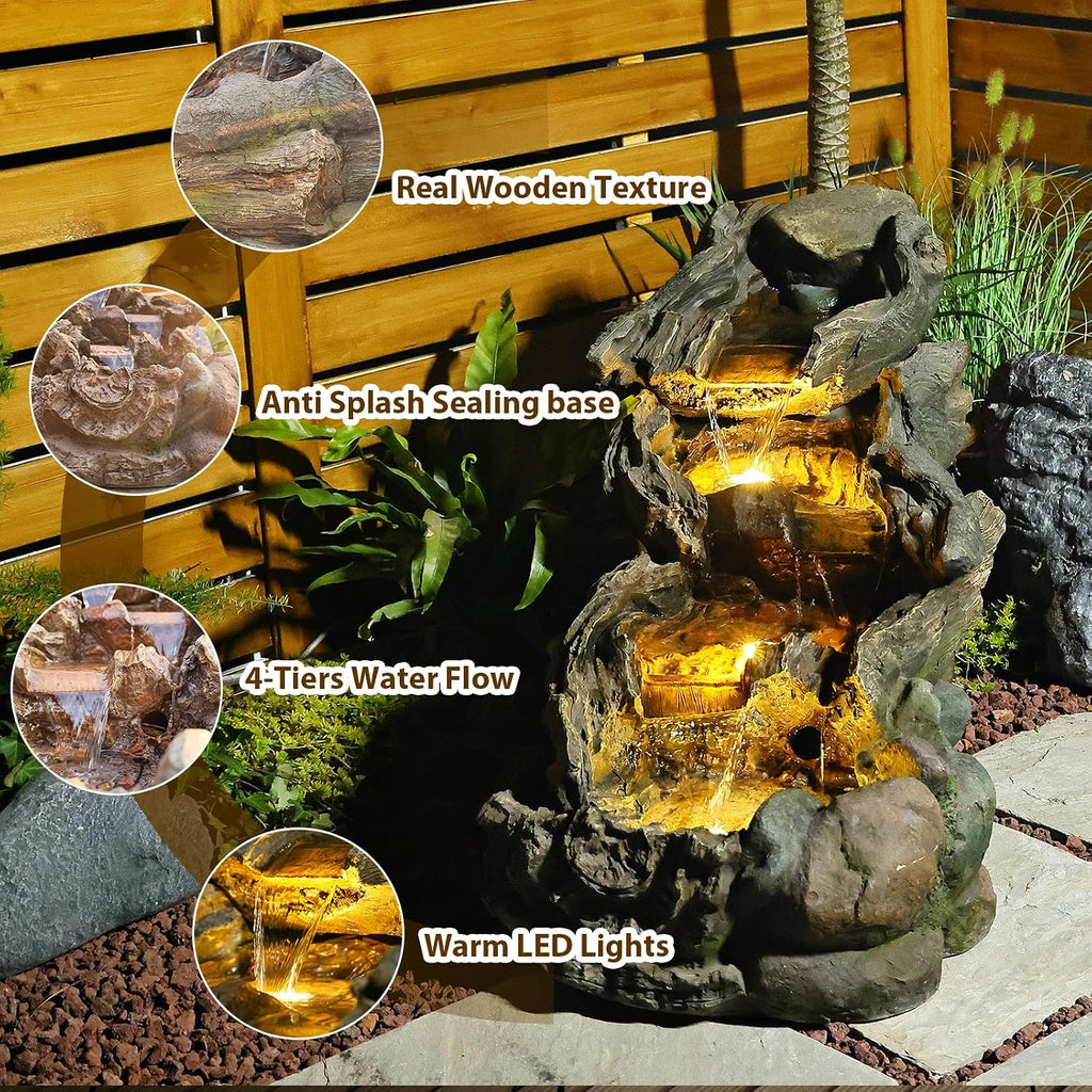 Sunlinua 37' L Outdoor Water Fountain with 3 Tiers Cascading Realistic Tree Trunk Waterfall Fountains with LED Lights Outdoor Water Fountain for Garden Patio Backyard Porch Home Decor