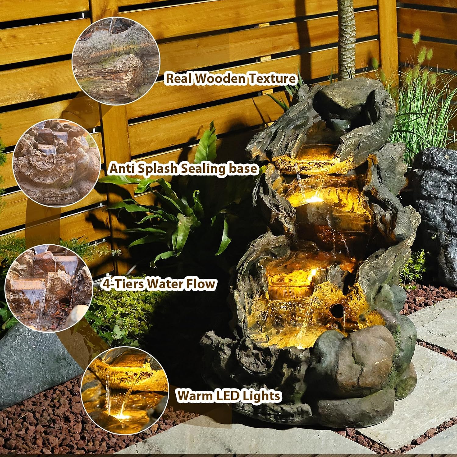 Sunlinua 37' L Outdoor Water Fountain with 3 Tiers Cascading Realistic Tree Trunk Waterfall Fountains with LED Lights Outdoor Water Fountain for Garden Patio Backyard Porch Home Decor