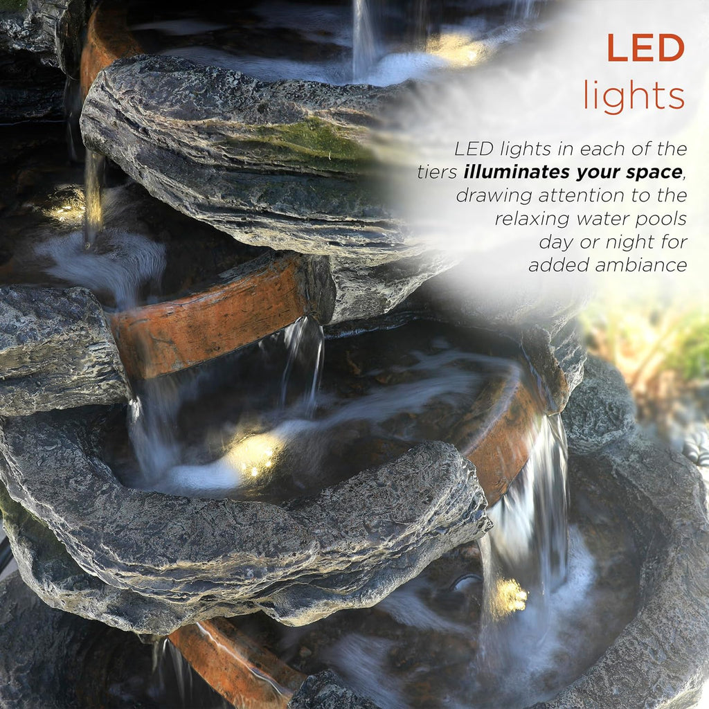 Alpine Corporation WIN1146 Outdoor Floor Cascading 8 Tiered Rock Garden Water Fountain with LED Lights, 58', Gray