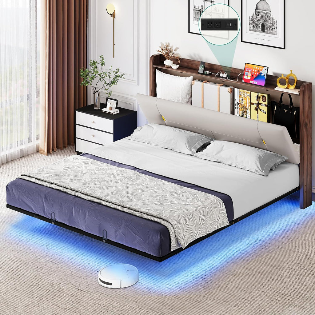 YITAHOME Queen Size Floating Bed Frame with Charging Station, Led Bed Frame with Hidden Storage Headboard, PU Upholstered Platform Bed, Heavy Duty Metal Slats, No Box Spring Needed, Light Grey