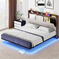 YITAHOME Queen Size Floating Bed Frame with Charging Station, Led Bed Frame with Hidden Storage Headboard, PU Upholstered Platform Bed, Heavy Duty Metal Slats, No Box Spring Needed, Light Grey
