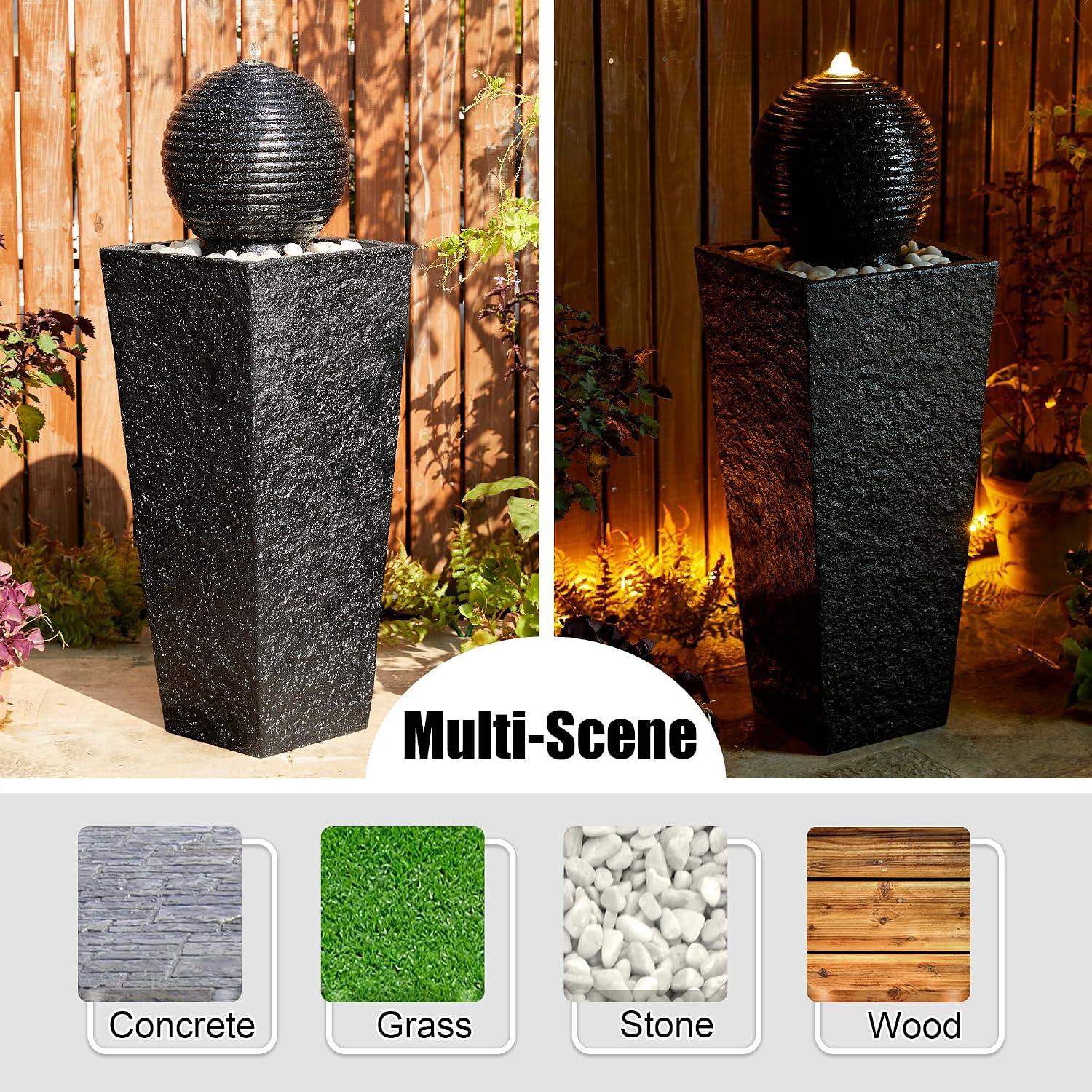 Glitzhome Outdoor Water Fountain with LED Light, Oversized Decorative Black Pedestal Water Fountains with Submersible Pump, Modern Sphere Floor Fountain with Pebbles for Garden Patio Decor, 40.25' H