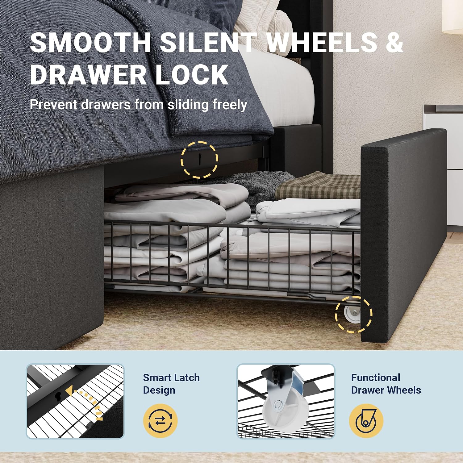 Allewie Full Size Velvet Bed Frame with 3 Storage Drawers, Upholstered Platform Bed with Wingback Storage Headboard and USB Ports, No Box Spring Needed, Easy Assembly, Black