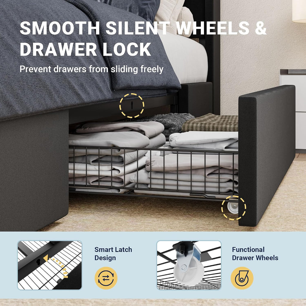 Allewie Queen Size Velvet Bed Frame with 3 Storage Drawers, Upholstered Platform Bed with Wingback Storage Headboard and USB Ports, No Box Spring Needed, Easy Assembly, Black