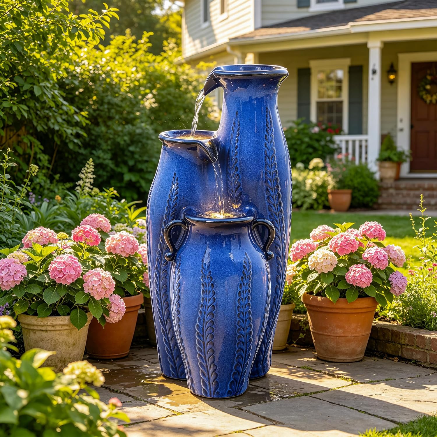 29.5' H Ceramic Outdoor Water Fountain with LED Lights, 3-Tier Vase Cascading Water Feature, Cobalt Blue with Embossed Leaf Patterns, Tranquil Waterfall for Garden, Patio, Yard, or Porch