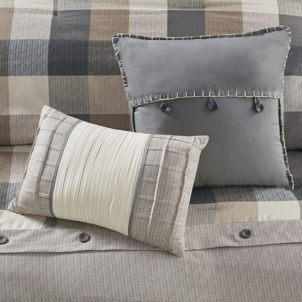 Madison Park Ridge Comforter Set-Cabin Lodge Plaid Herringbone Design All Season Down Alternative Cozy Bedding with Matching Bedskirt, Shams, Decorative Pillow, King(104'x92'), Neutral 7 Piece