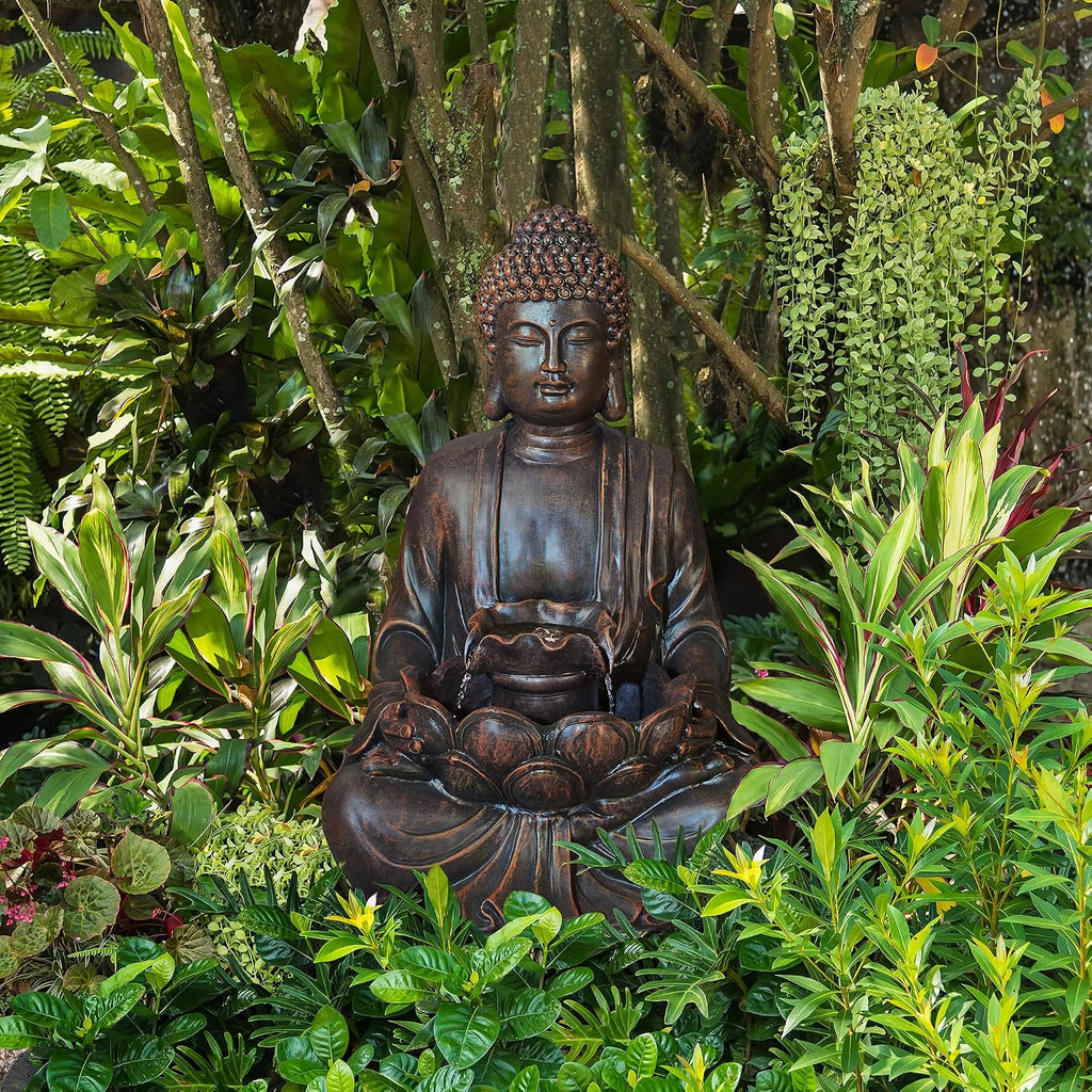 Glitzhome Buddha Fountain with Pump & LED Light, 2 Tier Zen Style Meditating Buddha Water Fountain Outdoor Fountains and Waterfalls Floor Fountains Buddhas Statues for Garden Patio Backyard 23.25' H