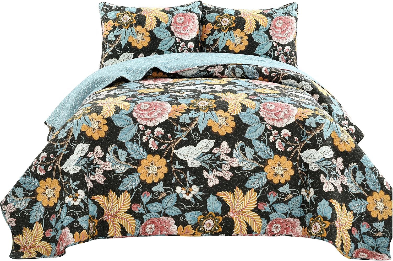 Lush Decor Sydney Reversible Cotton Quilt Set, 3 Piece Set, King, Black & Blue - Cotton Bedding Set - Black Floral Quilt - Cottage Decor - Bedding King Size