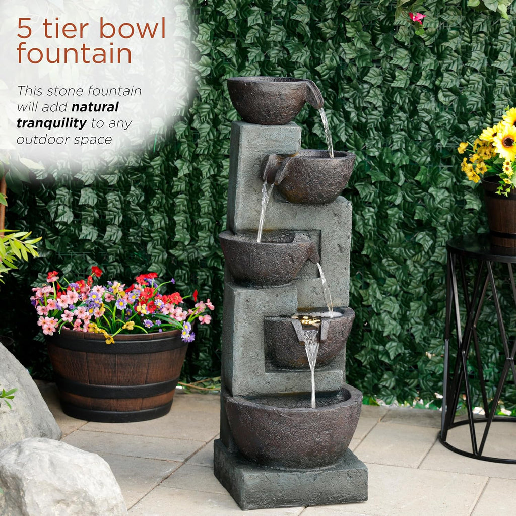 Alpine Corporation 39' Tall 5-Tier Bowls Waterfall Fountain with LED Lights, Elegant Outdoor Water Feature for Garden, Patio, Yard, Gray