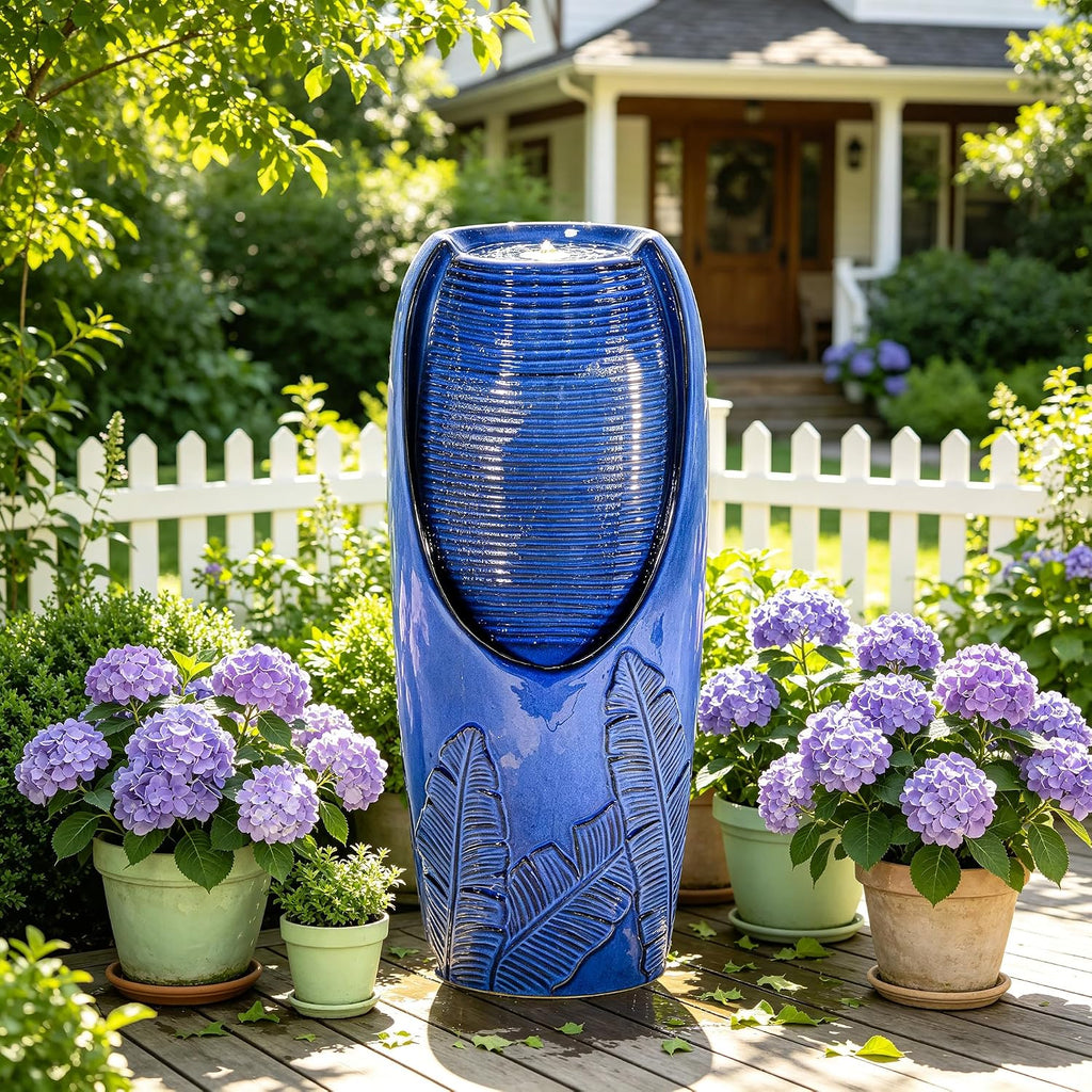 33' H Outdoor Garden Fountain with LED Lights, Modern Ceramic Jar Water Fountain, 3D Tropical Leaf Pattern, Cobalt Blue Glaze, Soothing Cascading Waterfall for Relaxing Patio, Yard, Porch