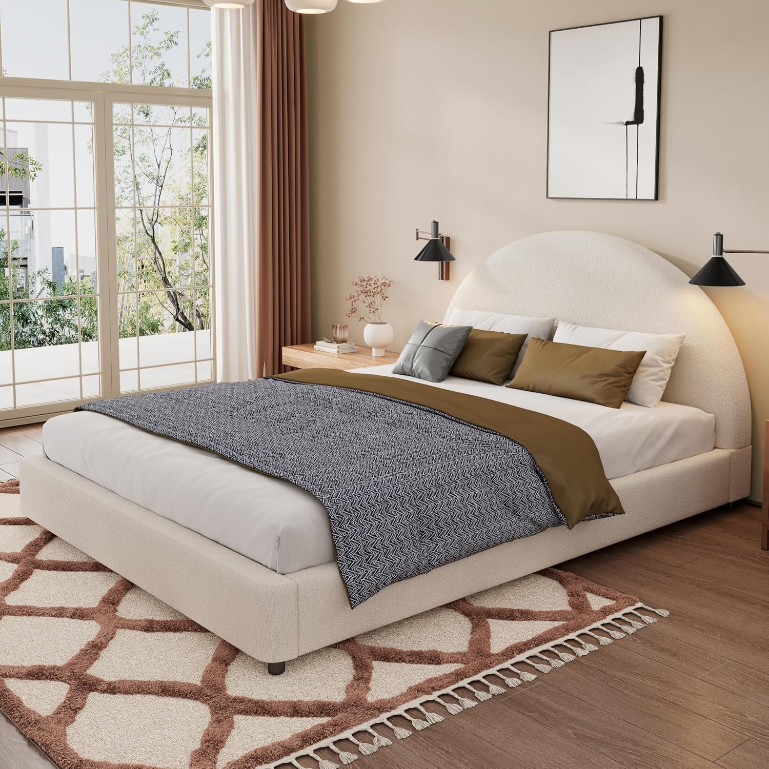 JIVOIT Modern Queen Size Bed Frame with Curved Round Headboard, Boucle Upholstered Platform Bed Frame with Sturdy Support Slats, No Box Spring Needed