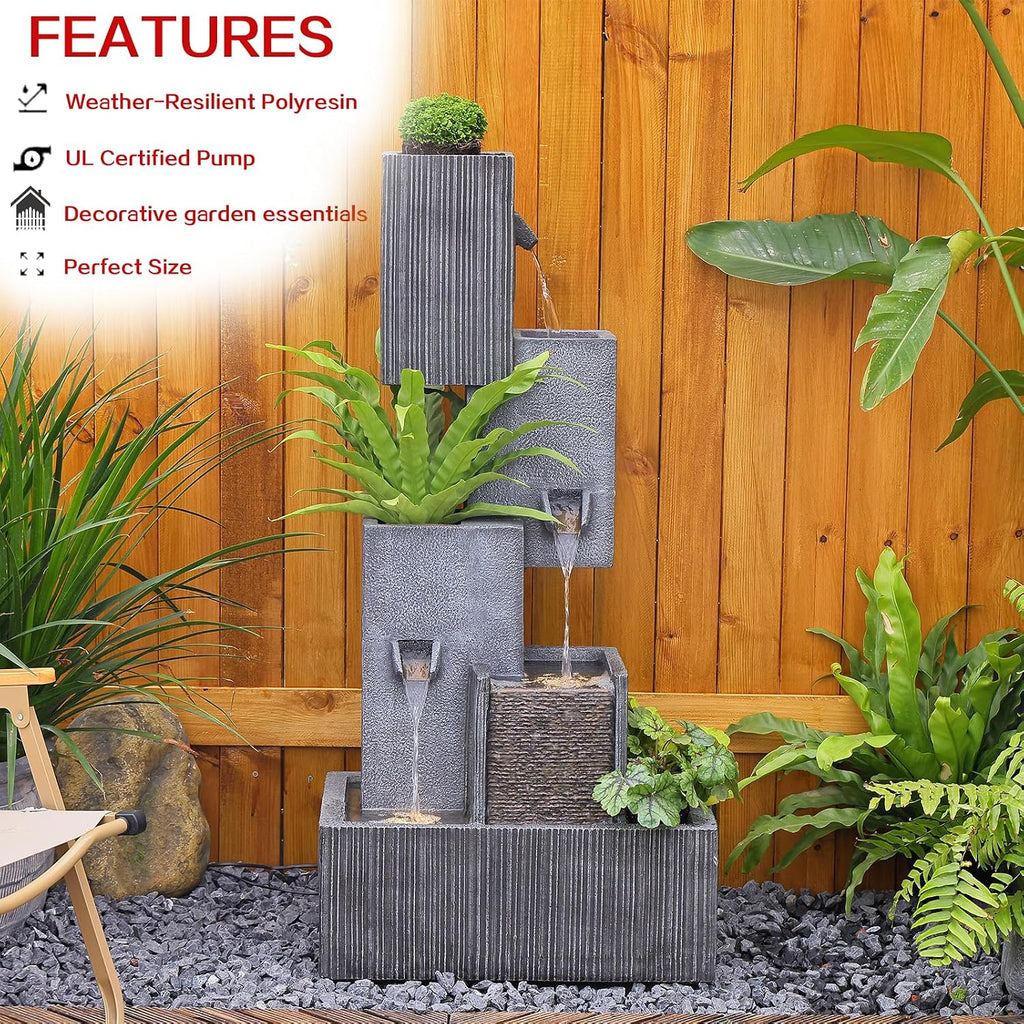 Tankana Tiered Water Fountain Outdoor Garden - Waterfall Patio Freestanding Cascade Fountains Concrete Artistry Modern Style with LED Lights for Yard Pool Home Decor, 41.5 inches Tall