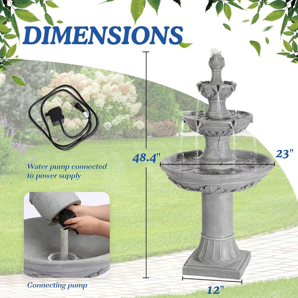Italian Outdoor Water Fountains Garden Decor - 48.4''H Fountains and Waterfalls Outside, Large Cascading Indoor Floor-Standing Resin Bubbler Fountain Features W/Pump for Patio, Yard (Gray)