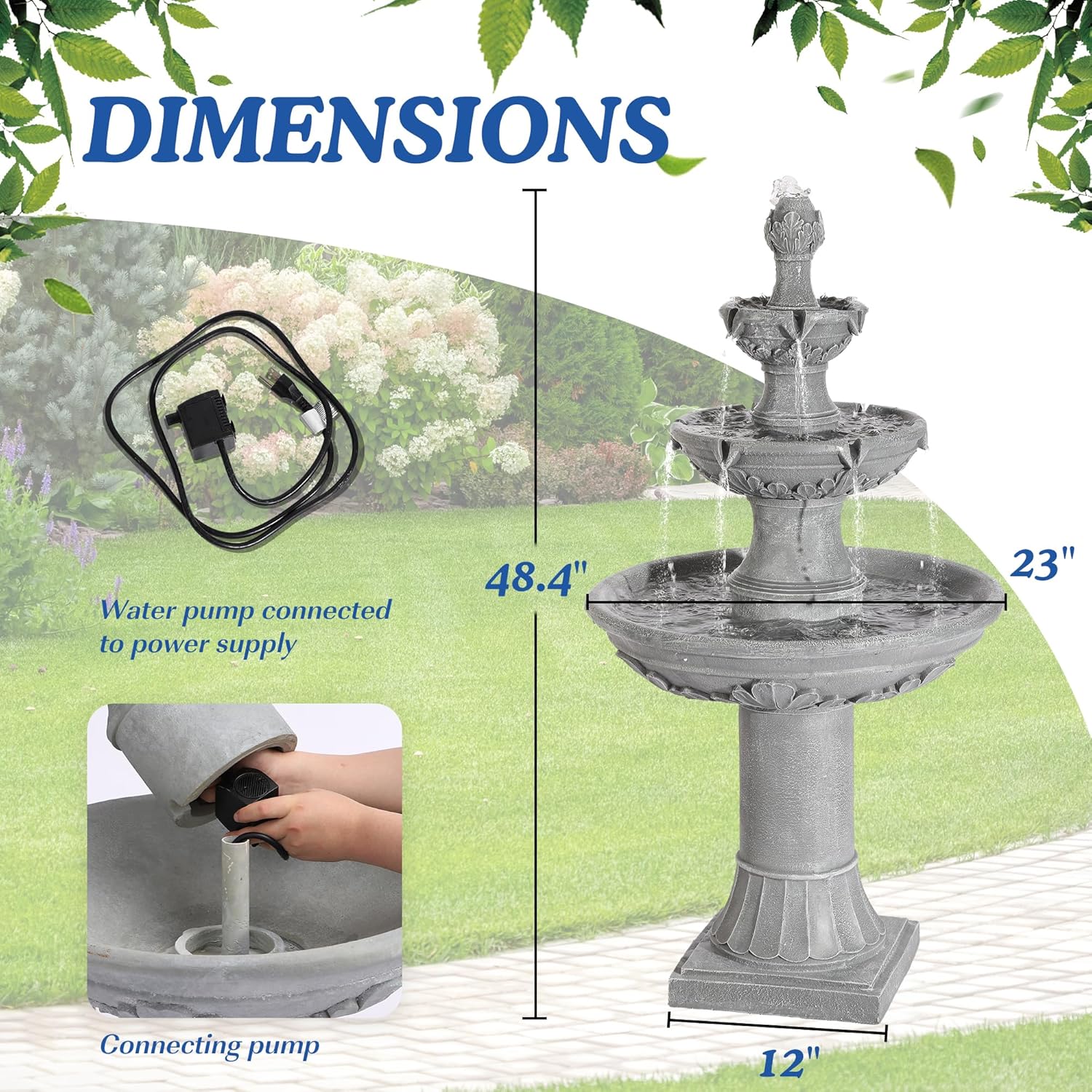 Italian Outdoor Water Fountains Garden Decor - 48.4''H Fountains and Waterfalls Outside, Large Cascading Indoor Floor-Standing Resin Bubbler Fountain Features W/Pump for Patio, Yard (Gray)