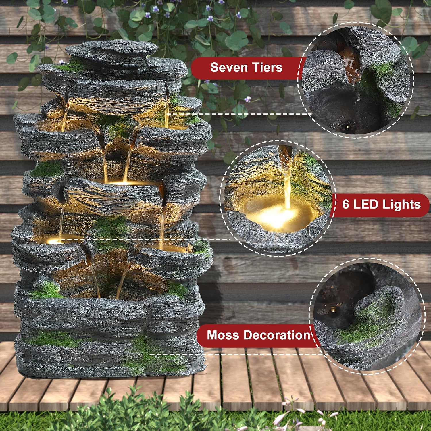 Garden Fountains Outdoor, 7-Tiers Cascading Rock Water Fountain, 24.4' H Waterfall Fountain Indoor with 6 LED Lights and Moss for Patio, Yard and Home Art Decor, Natural Stone Look