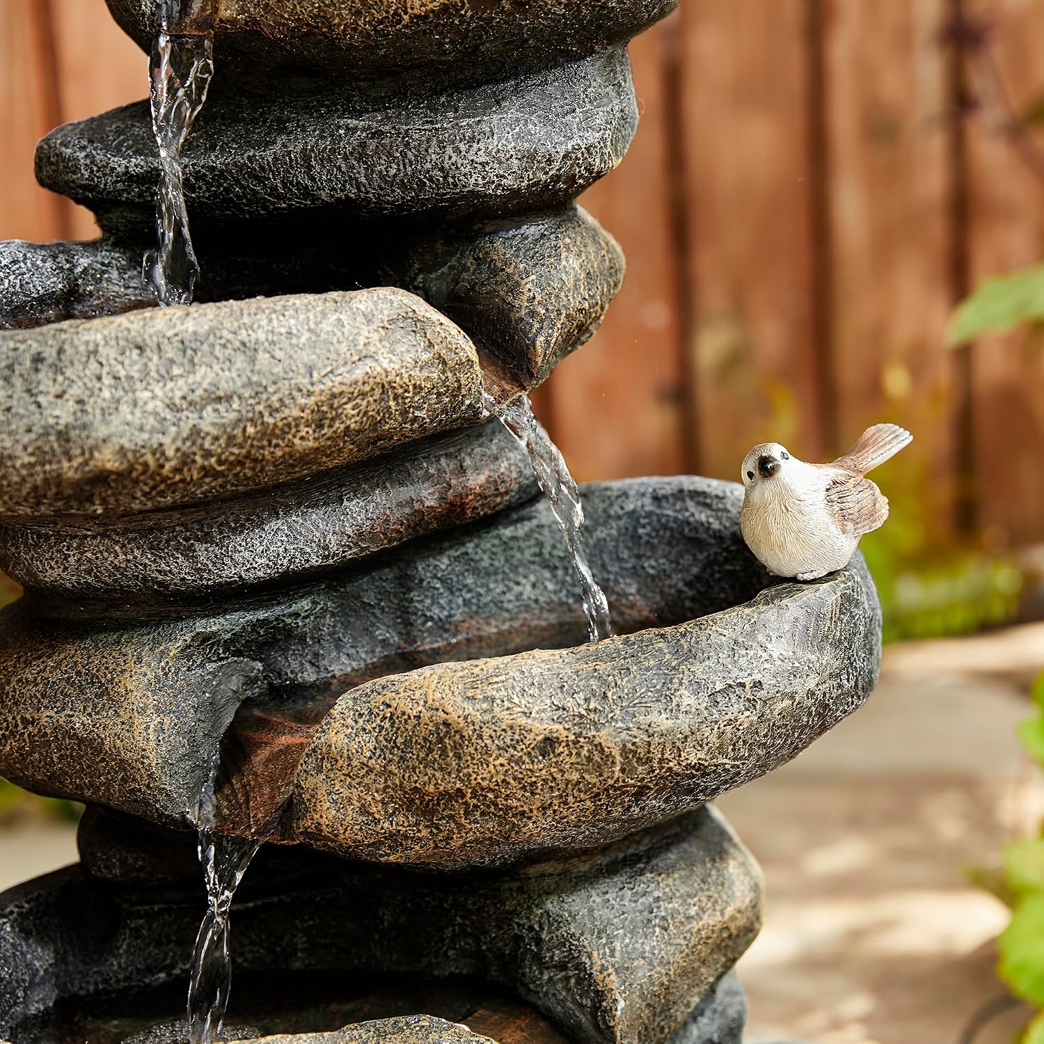 Glitzhome 5-Tier Cascading Rock Outdoor Water Fountain with LED Light & Pump, Natural Stacked Stone Look Water Fountain with Lively Birds for Garden, Patio, Porch, 23'H