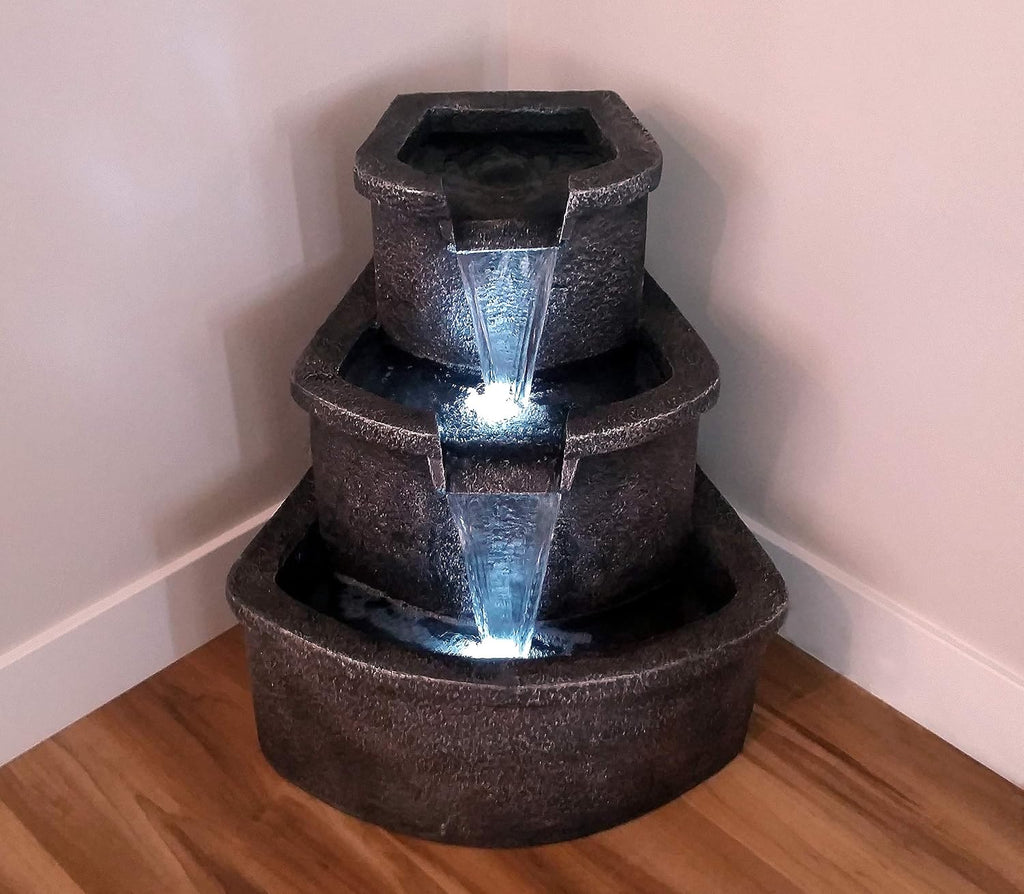 The Marseille Cascading Floor Fountain w/LED Lights: 25' Outdoor Water Feature for Porches, Gardens & Patios. Hand-Crafted Design. HF-B17-25L