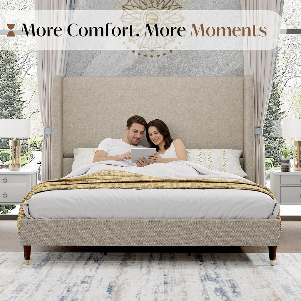 PaPaJet Full Size Bed Frame with 51.2' Wingback Headboard,Line Upholstered Platform Bed,Solid Wood Legs,No Box Spring Needed,Noise-Free&Easy Assembly,for Teen Girls, Dorm, Small Bedroom,Light Khaki