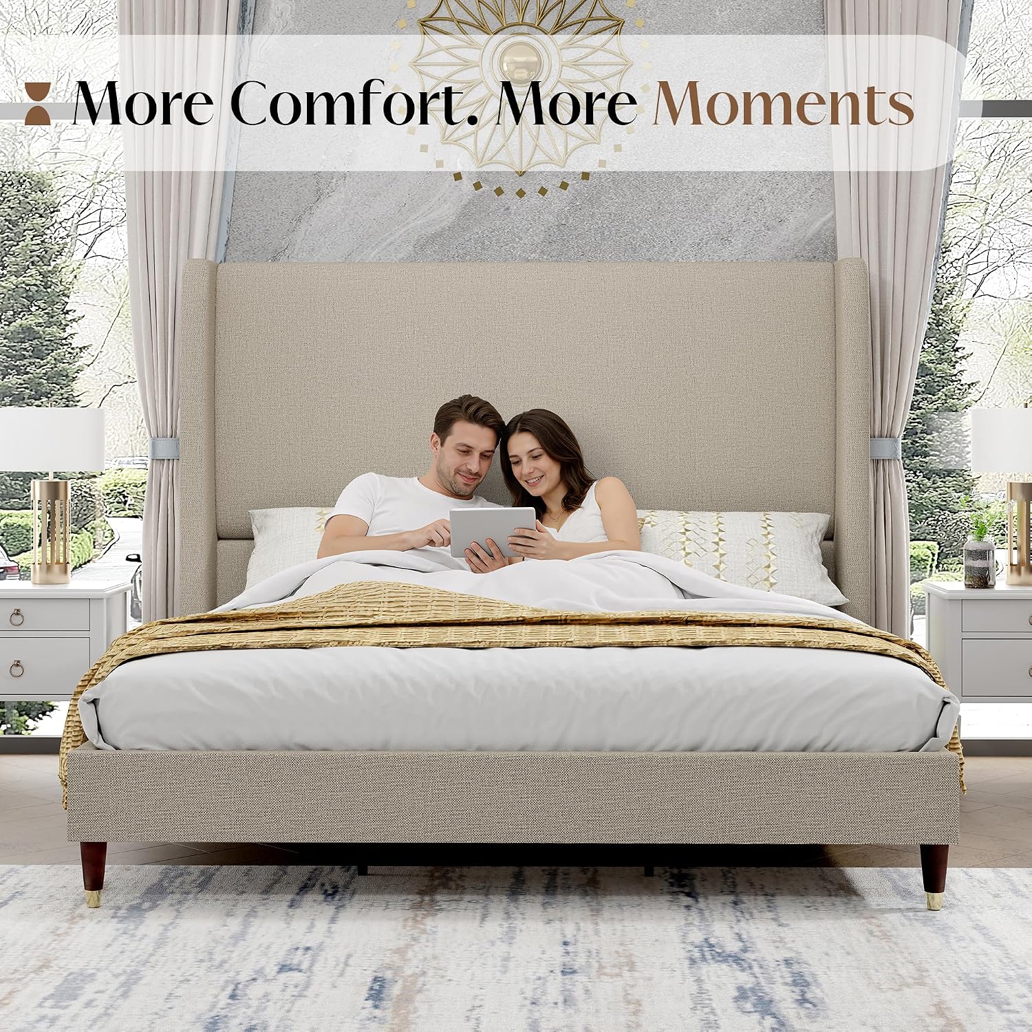 PaPaJet King Bed Frame with 51.2' Tall Wingback Headboard,Line Upholstered Platform Bed,Solid Wood Legs,No Box Spring Needed,Noise-Free&Easy Assembly,for Master Bedroom & Luxury Home,Light Khaki