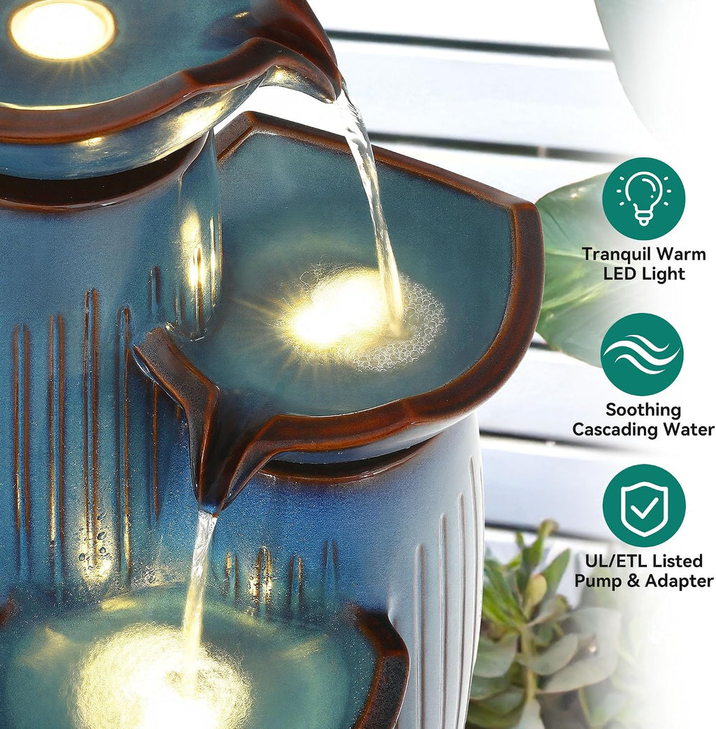 30' H Ceramic Outdoor Water Fountain with LED Lights, 3-Tier Cascading Lotus Bowls Water Feature, Tranquil Waterfall for Relaxing Garden, Patio, Yard, Turquoise, Vertical Striped Texture