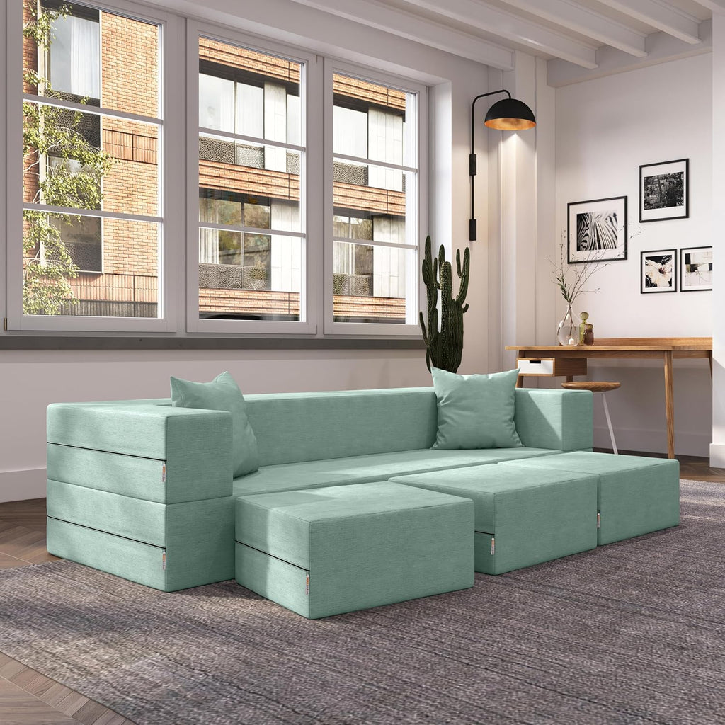 Jaxx Zipline Convertible Sleeper Sofa & Three Ottomans/California King-Size Bed, Textured Microvelvet - Caribbean