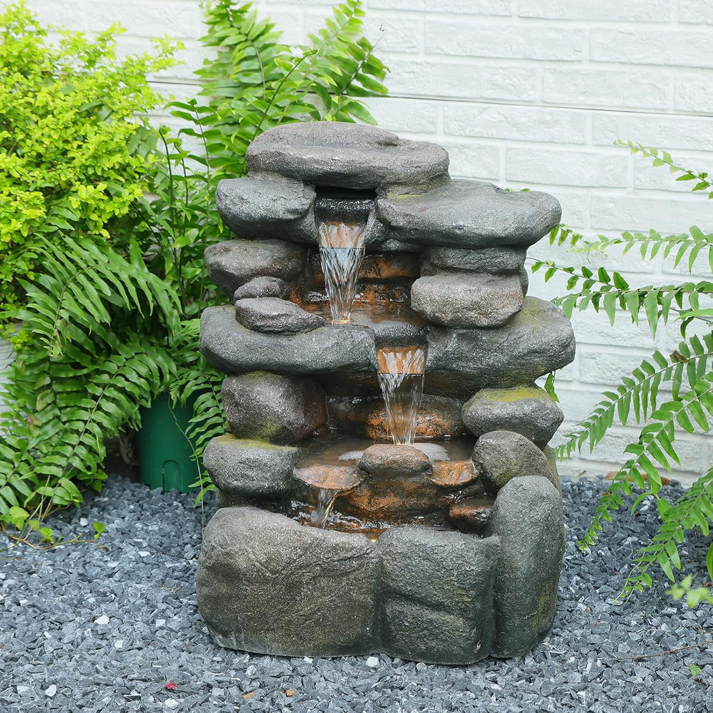 Bumilgar 23.4' H Garden Outdoor Rock Water Fountain with LED Lights, 4-Tier Cascading Waterfall Fountain, Faux Stone Resin Water Feature for Patio, Backyard & Home Decor