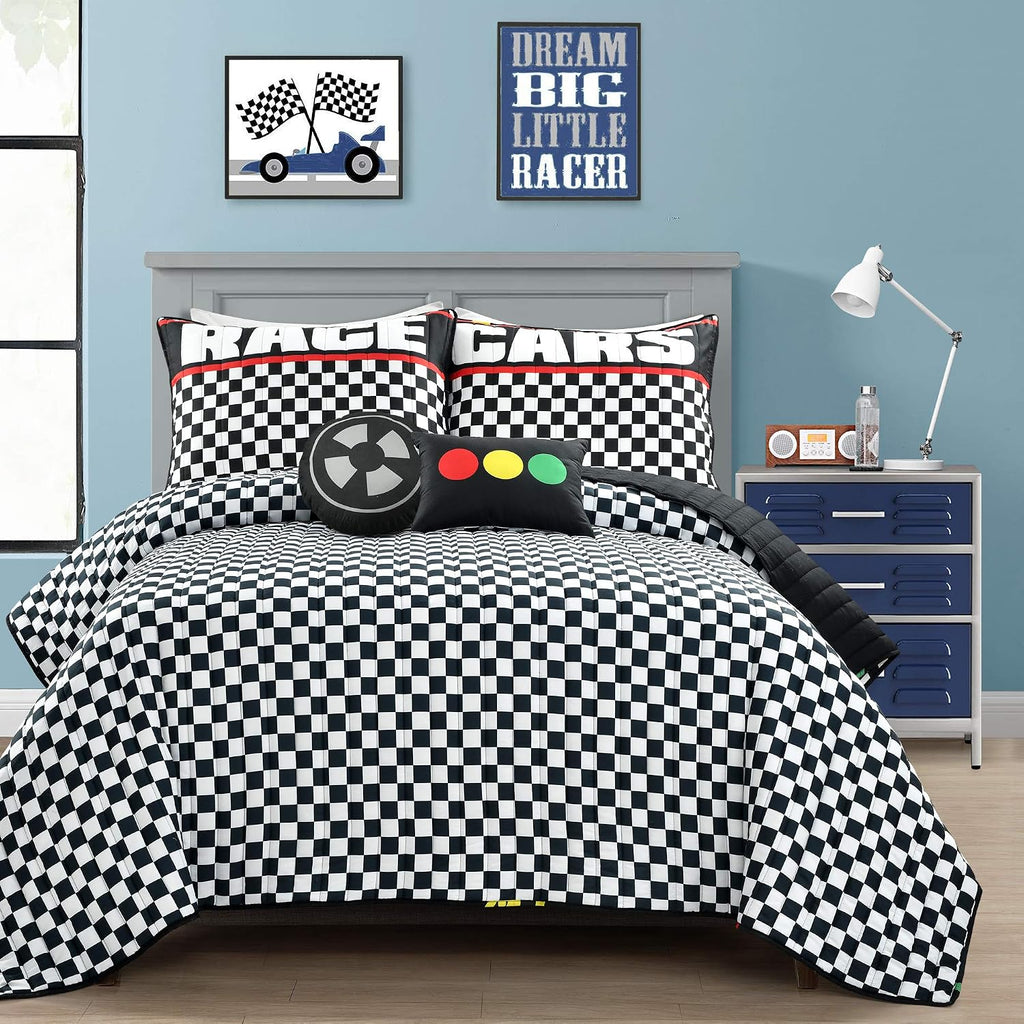 Lush Decor Racing Cars Reversible Quilt Queen Size 5 Piece Set Full/Queen Black & Multi - Kids Bedding Set Queen Quilt - Car Decor