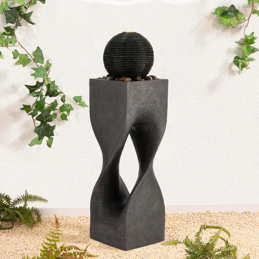 Glitzhome Outdoor Water Fountain, Outdoor Fountain with Lights, 36.5' H Modern Geometric Pedestal and Sphere Polyresin Outdoor Floor Standing Fountain with Pebbles, Pump for Garden, Patio, Backyard