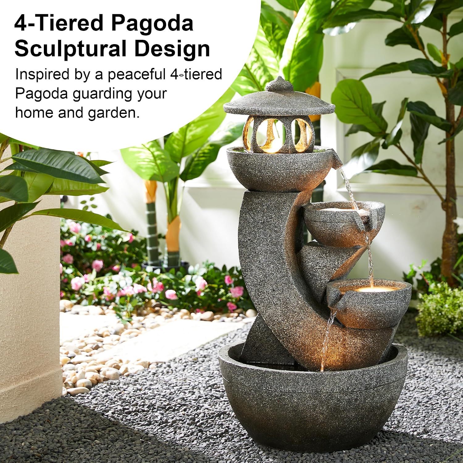 Glitzhome Pagoda Outdoor Water Fountain with LED Light, 4-Tier Oversized Cascading Stacked Stone Waterfall Fountains, Natural Stone Look Outdoor Fountain for Garden Patio Porch, 32'H