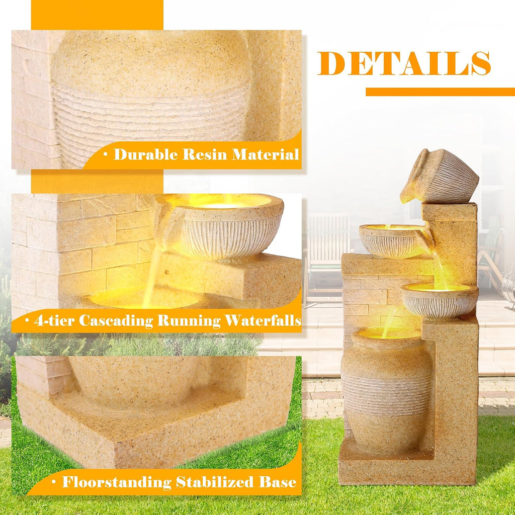 32' Outdoor/Indoor Garden Water Fountains, 4 Tiers Cascading Resin Fountains and Waterfalls with LEDs & Bowls, Modern Floor-Standing Patio Fountain for Porch, Deck, Yard (Bright Yellow)
