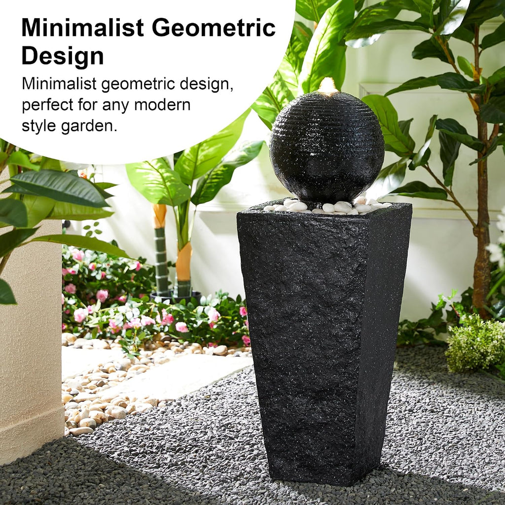Glitzhome Outdoor Water Fountain with LED Light & Pump, Black Pedestal Sphere Fountain Decorative Water Fountains, Modern Waterfall Floor Fountain with Pebbles for Garden Patio Decor Porch, 31.75'H