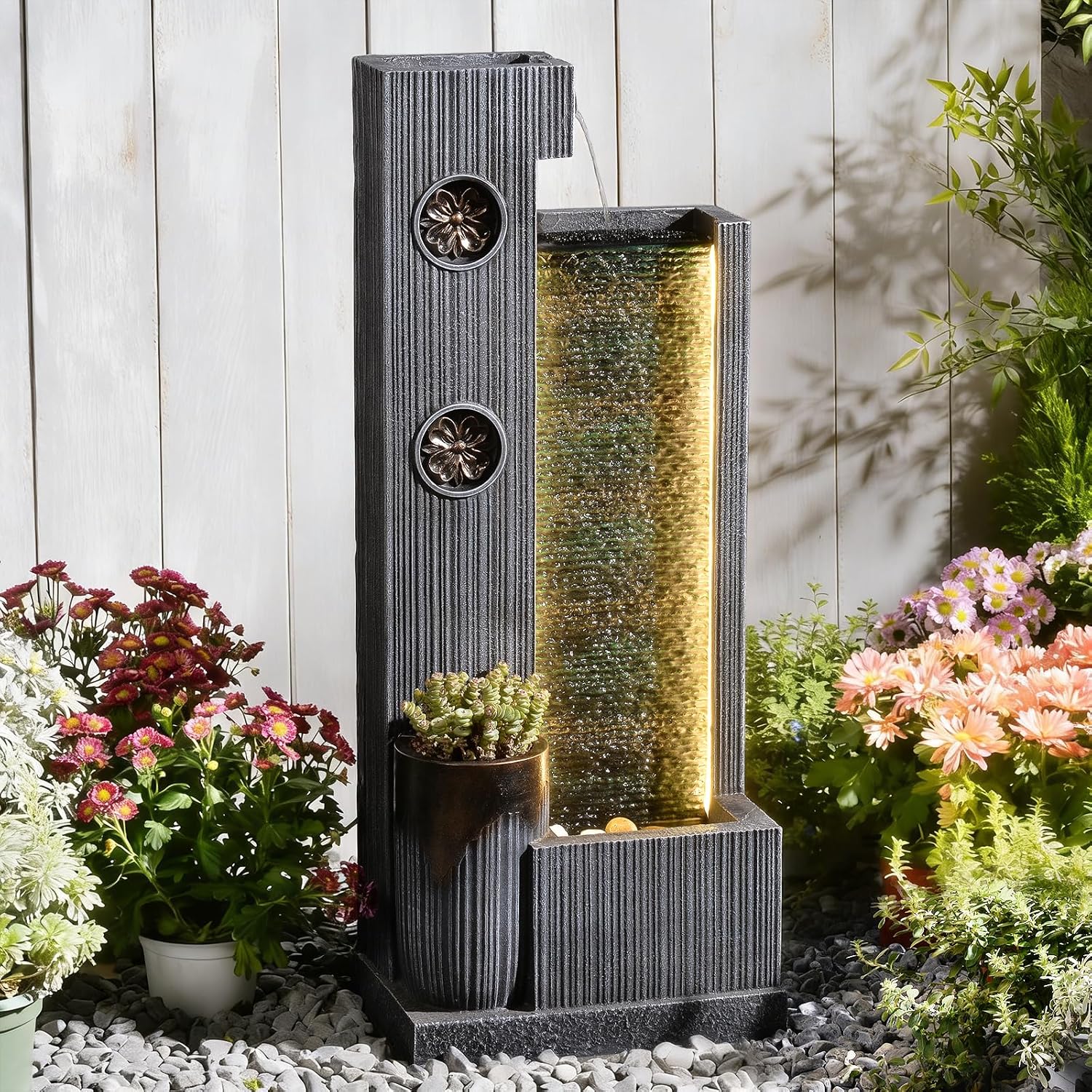 37'' Tall Waterfall Fountain Indoor Modern Outdoor Water Fountains with LED Light,Vertical Striped Texture Floor Standing Water Feature for Patio, Yard, Garden or Home Decor